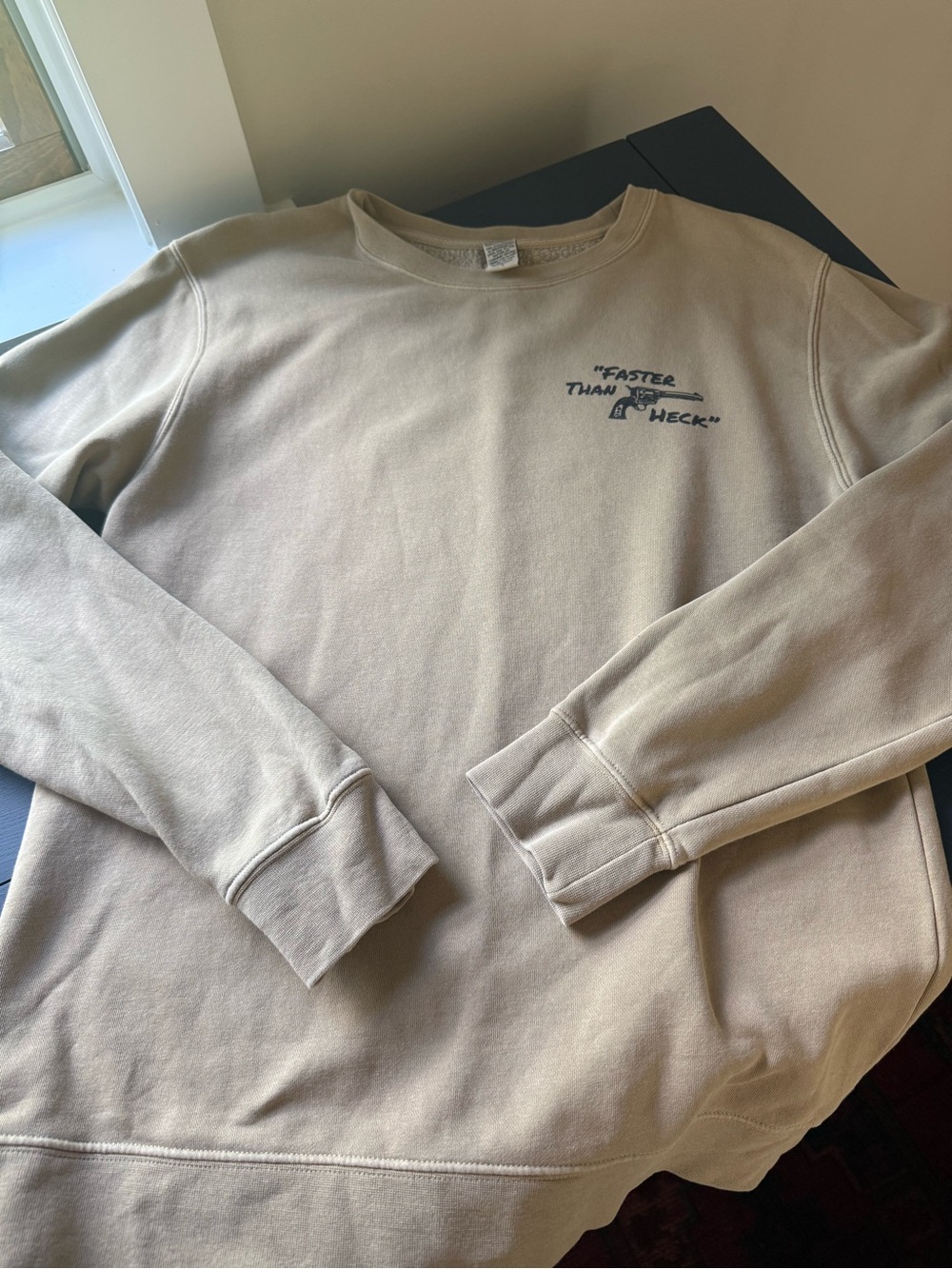 Men's Crewneck Sweatshirt - Beige "Faster Than Heck" Graphic, Size Small